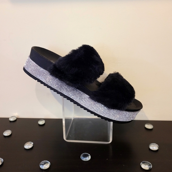 Atalina Bling Black Fur Slides - Picture 4 of 4